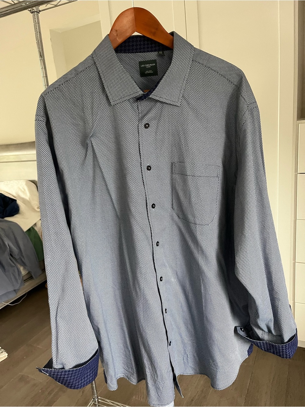 Leo Chevalier Navy Microdot Long-Sleeve Dress Shirt with Contrast Cuffs